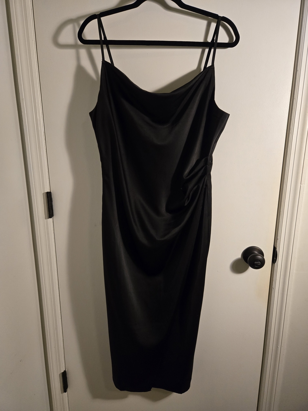 Lulus Hollywood Woman Black Satin Midi Dress XL Faux Wrap Skirt Cowl Neck